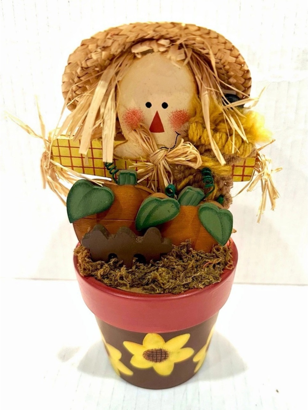 Vintage Fall Autumn Scarecrow Sunflower Planter Decor 4x7.5